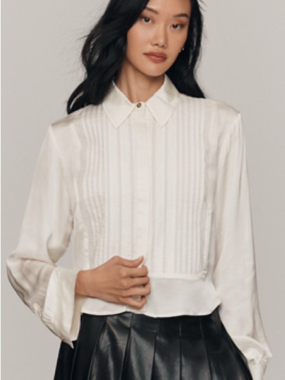 Anthropologie Cream Button-Front Pleated Satin Blouse